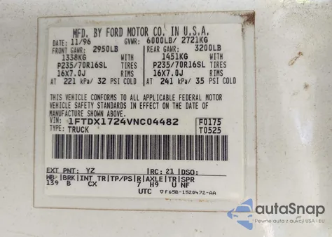 1997 Ford F-150 Standard/Xl/Xlt из США, поврежденный, VIN 1FTDX1724VNC04482